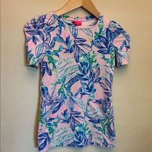 Lilly Pulitzer Blue and Pink Floral Short Sleeve Dress Kids S 4-5